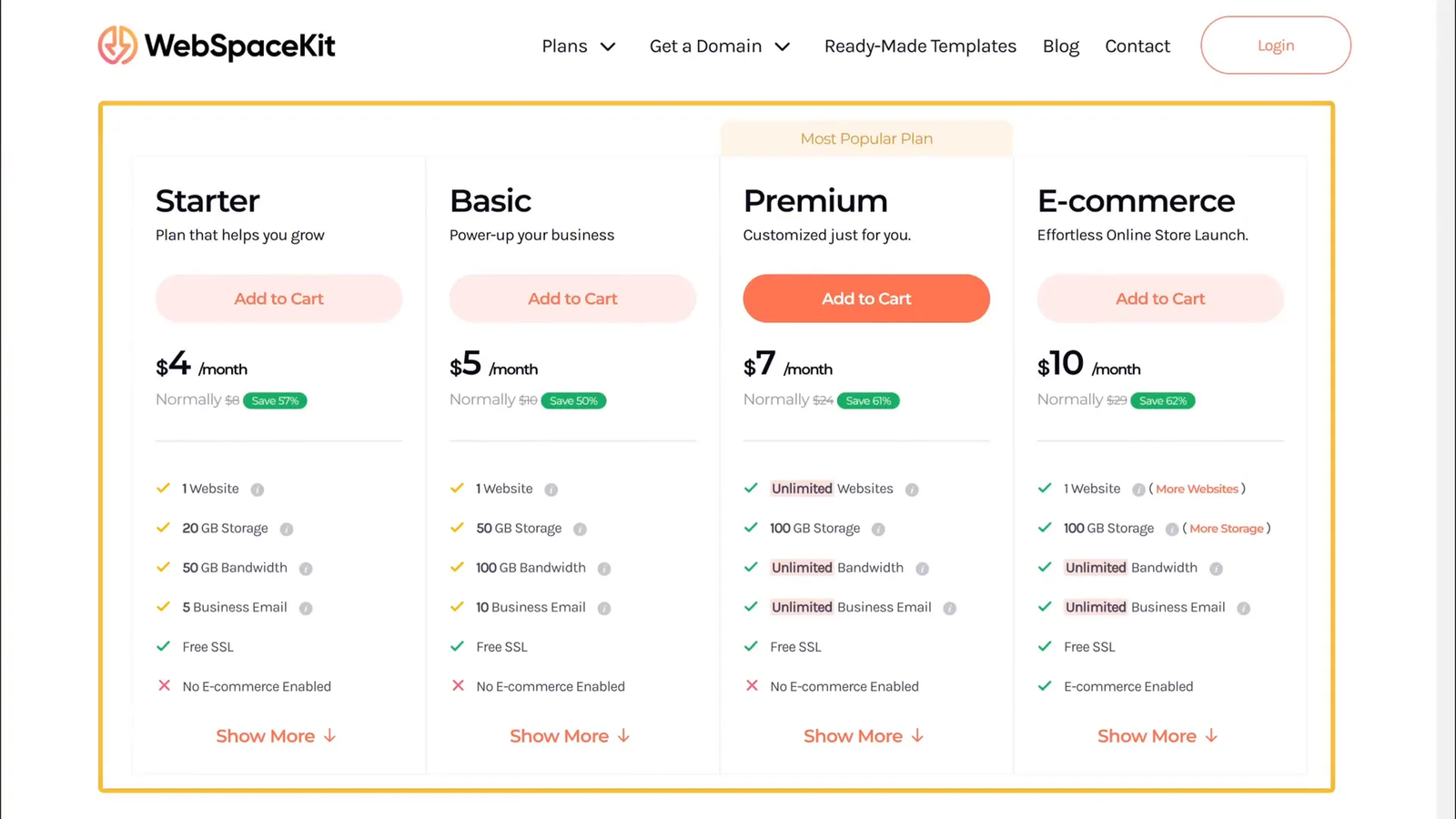 Selecting hosting plan on WebSpaceKit website