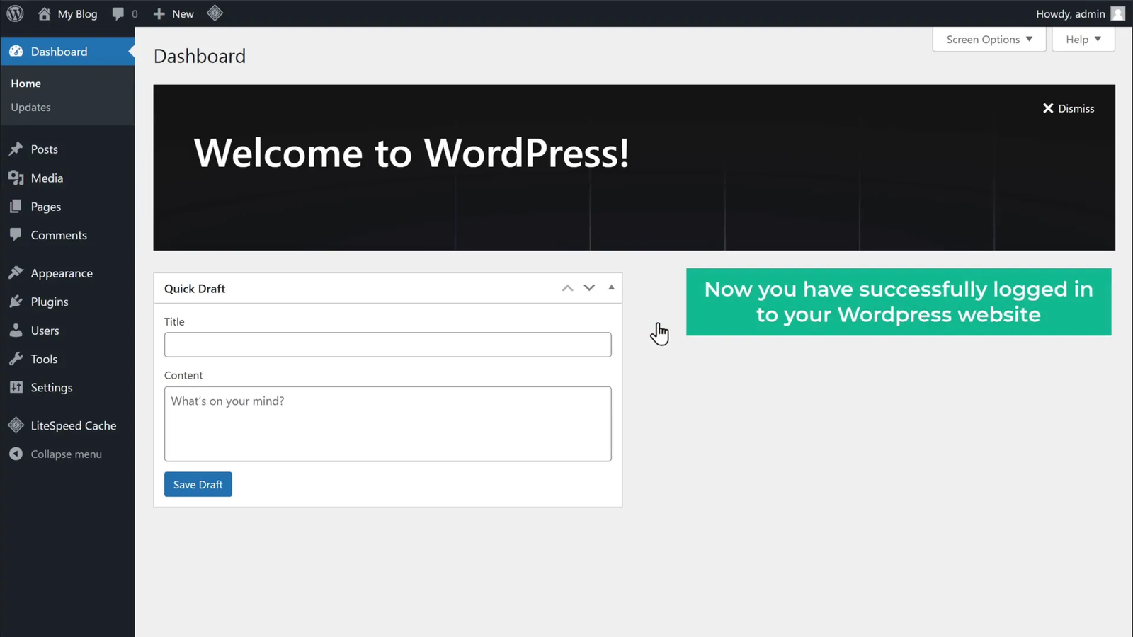 WordPress dashboard main screen