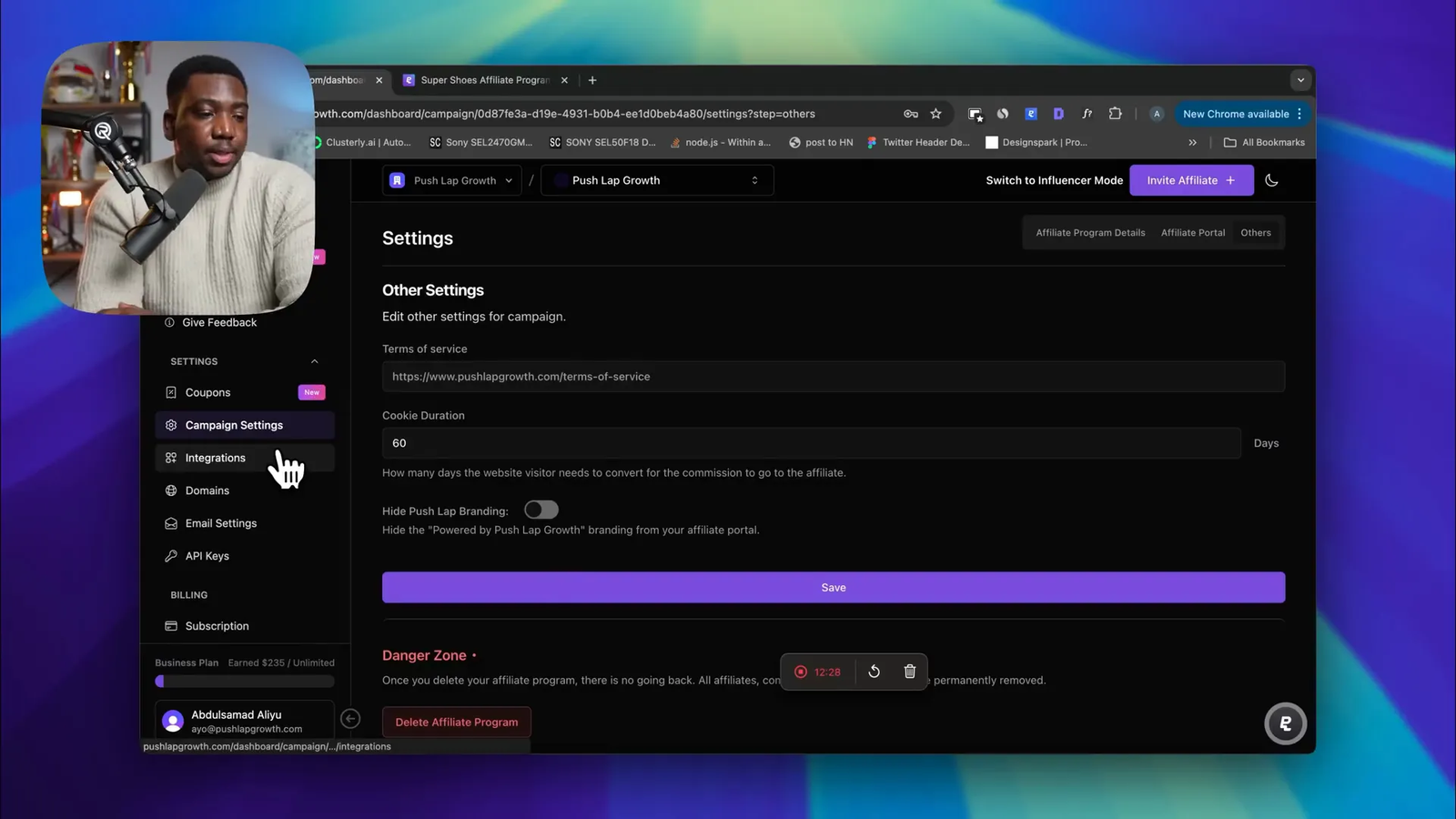 Email settings and customization in PushLap Growth
