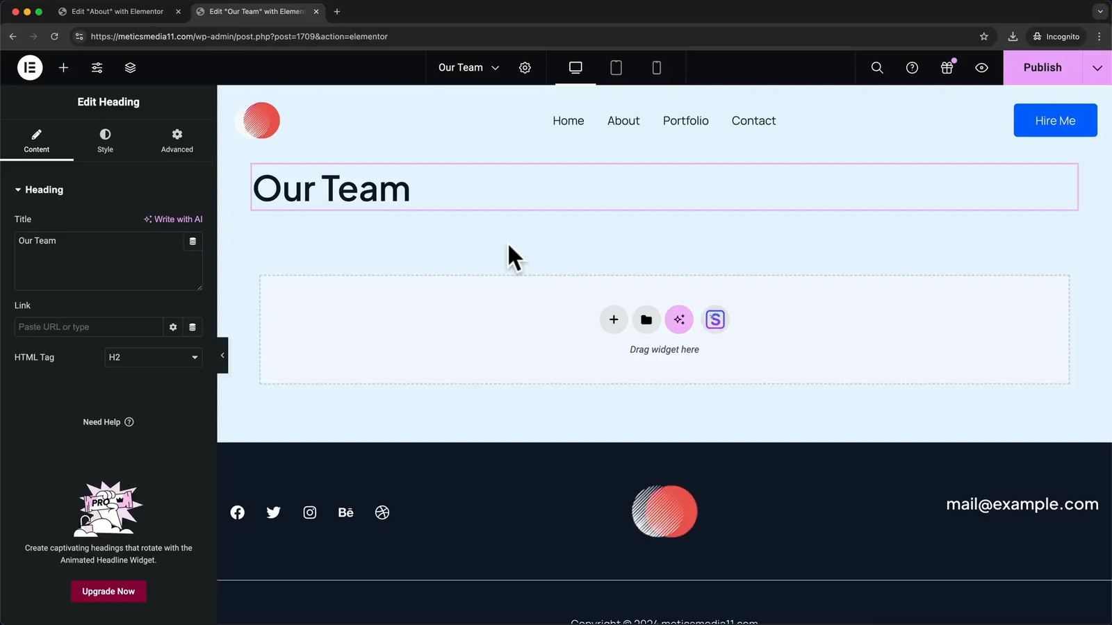 Importing team page block in Elementor