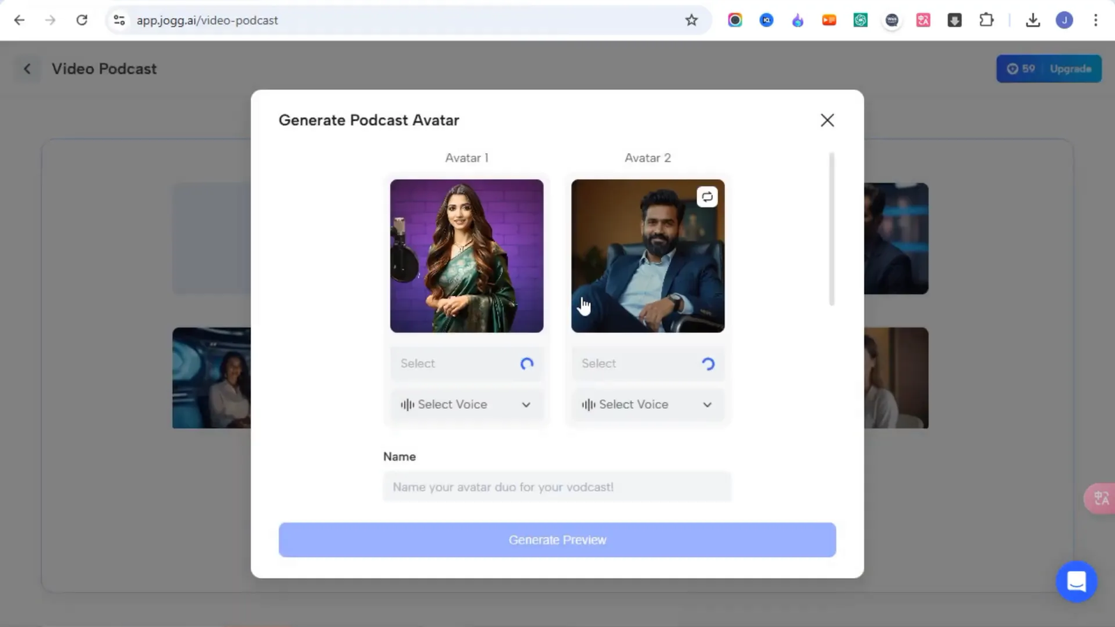 Video podcast creation interface with image upload and avatar selection
