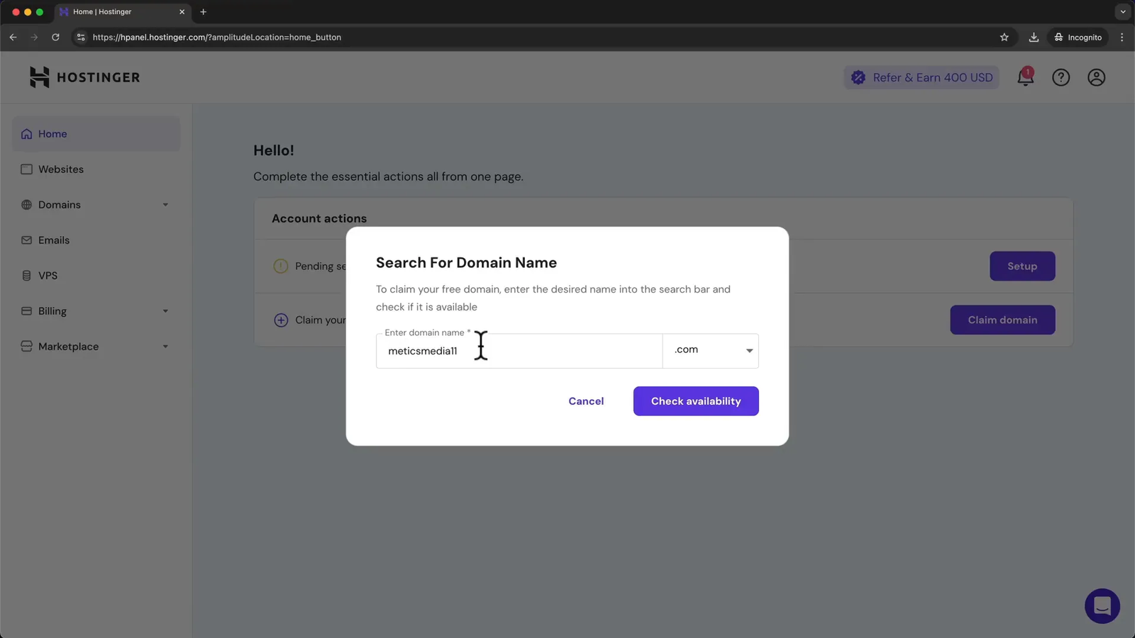 Domain registration process on Hostinger