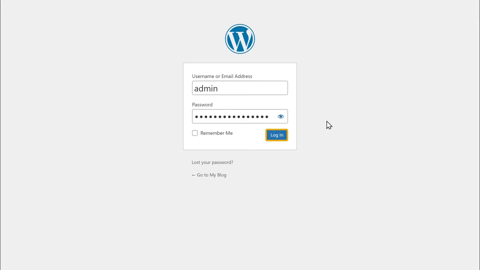 WordPress login page with username and password fields