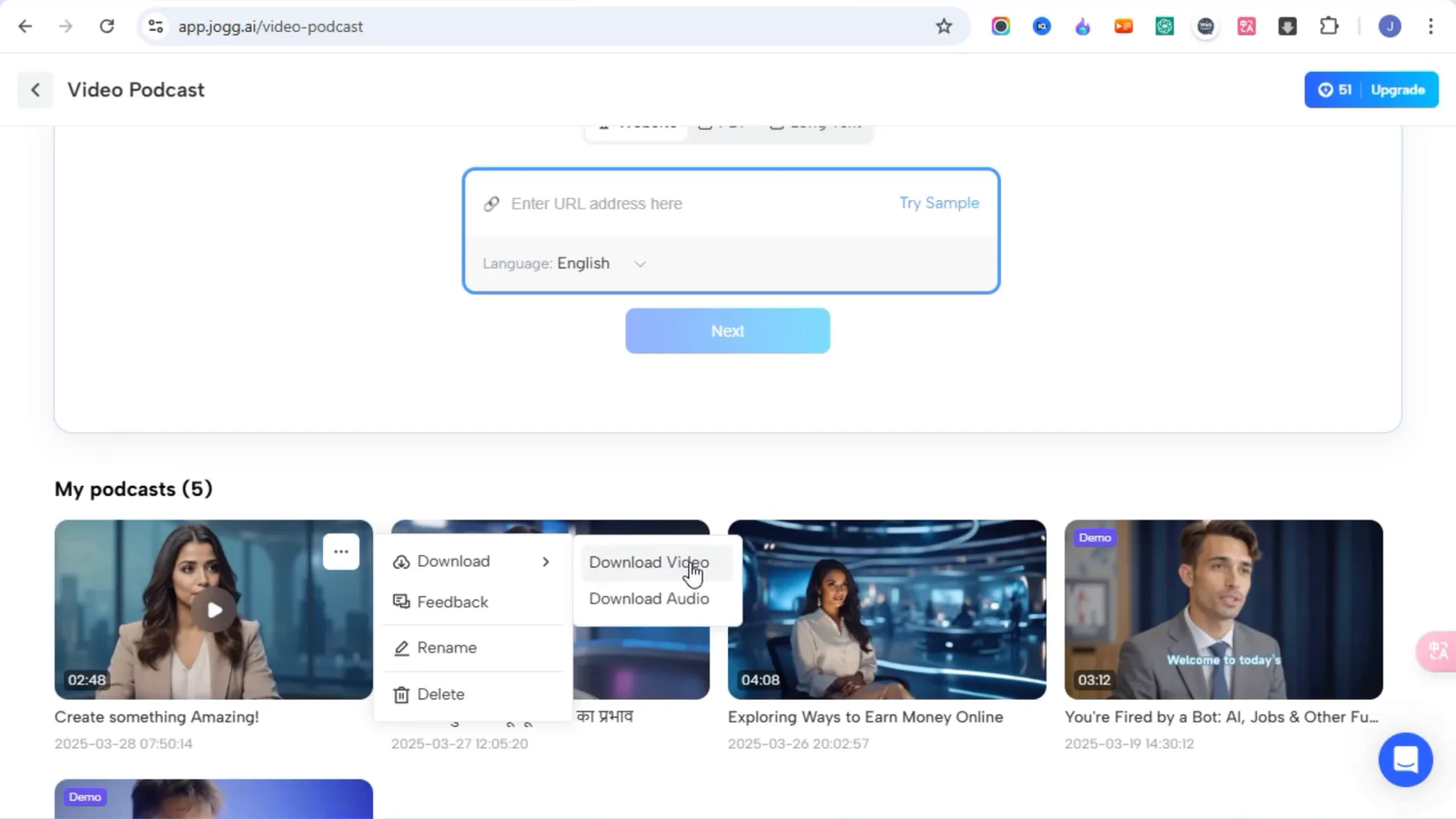 Download option for generated AI video podcast