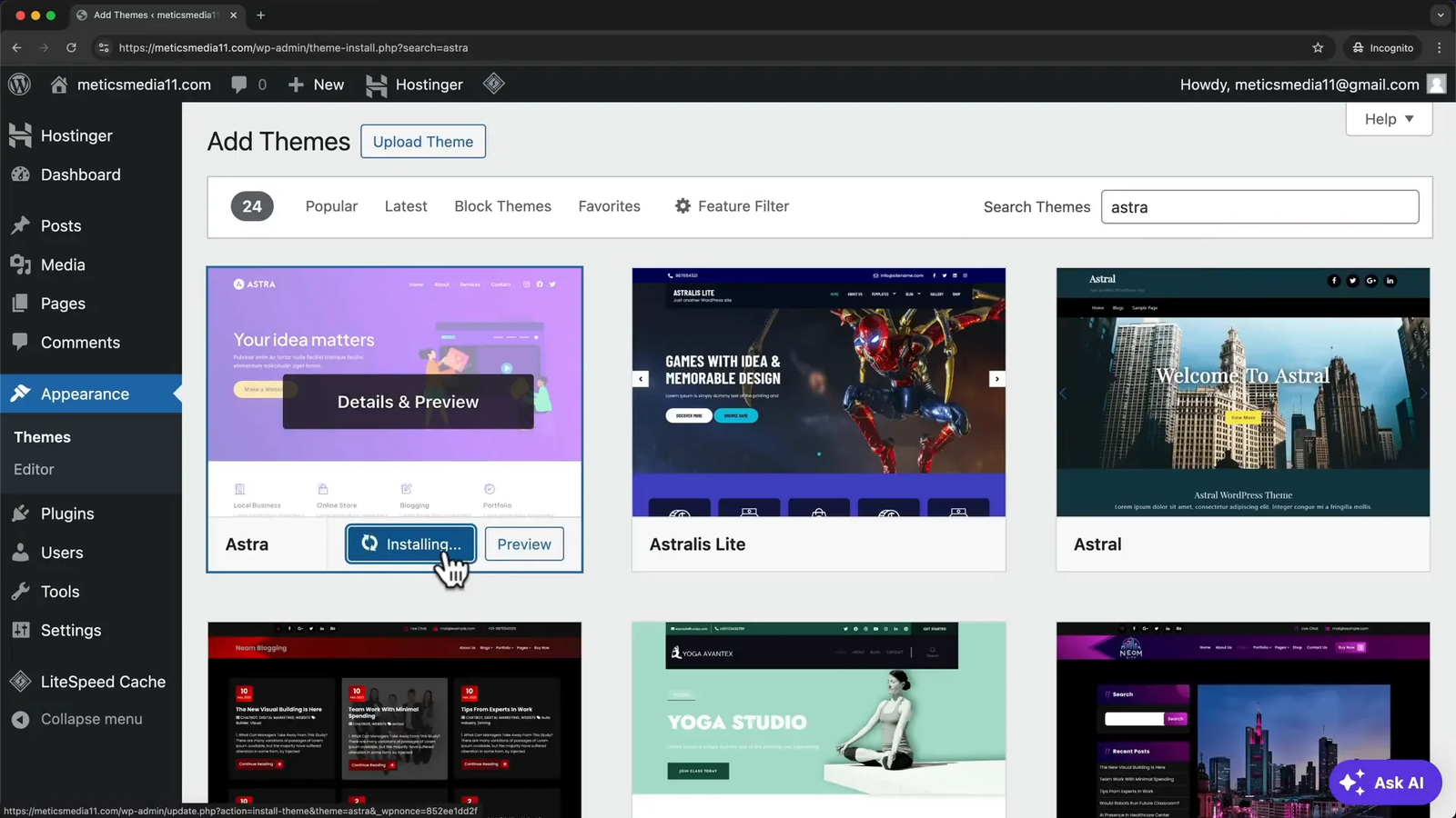 Installing Astra theme in WordPress