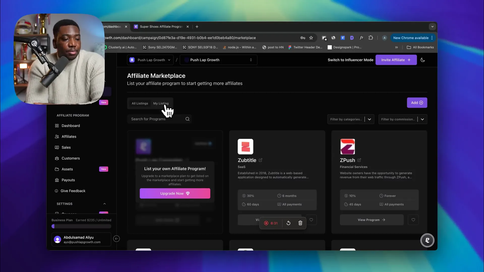 Affiliate marketplace dashboard