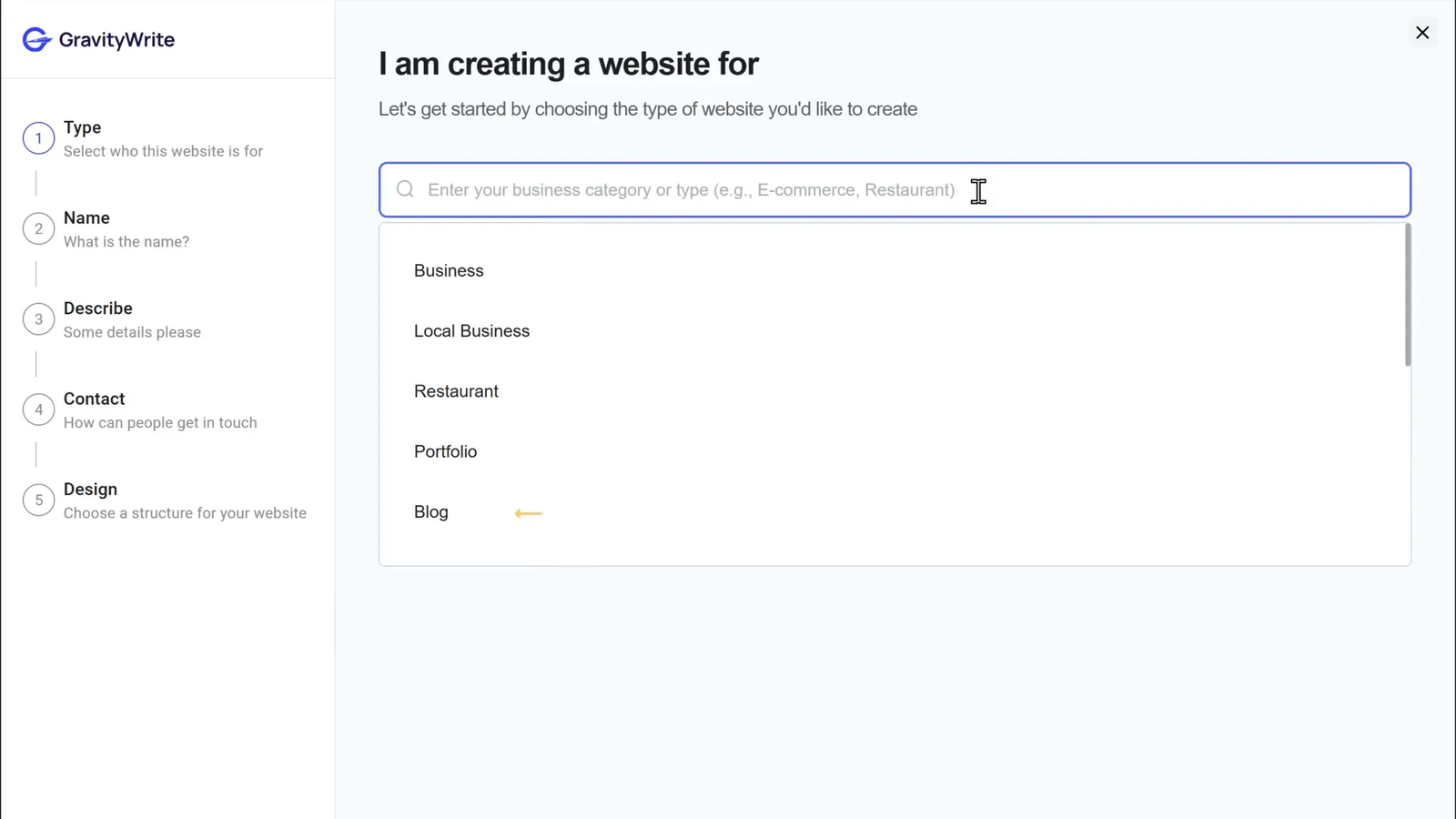 Form to enter website details including type, title, and description
