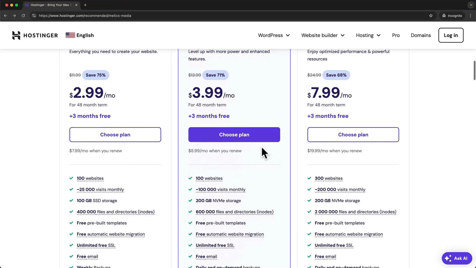 Hostinger hosting plans overview