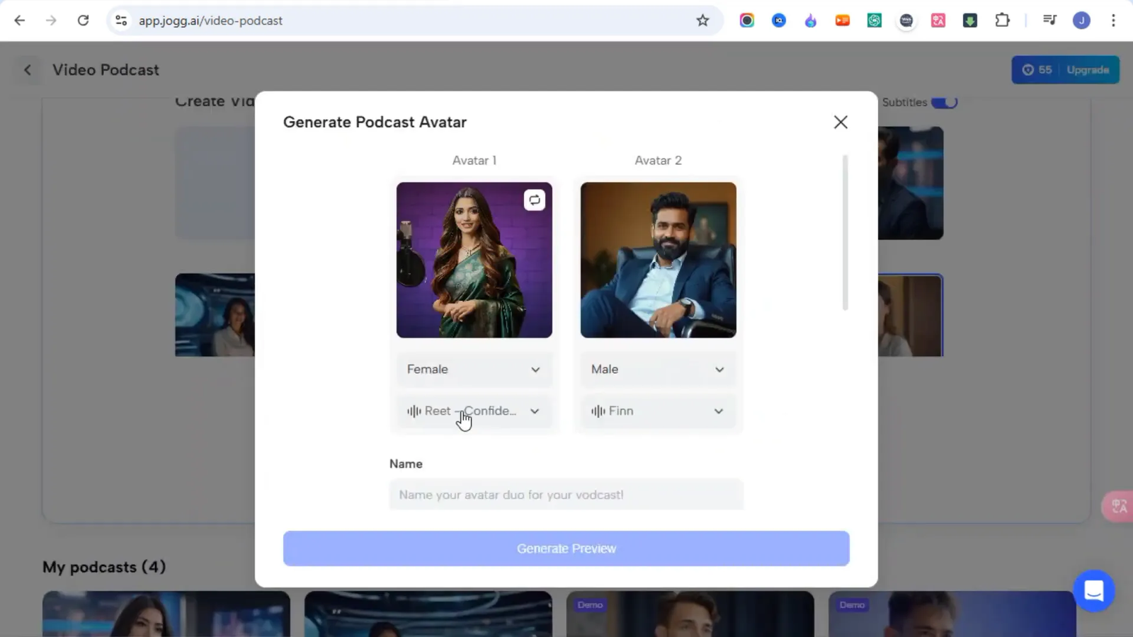Processing AI video podcast generation