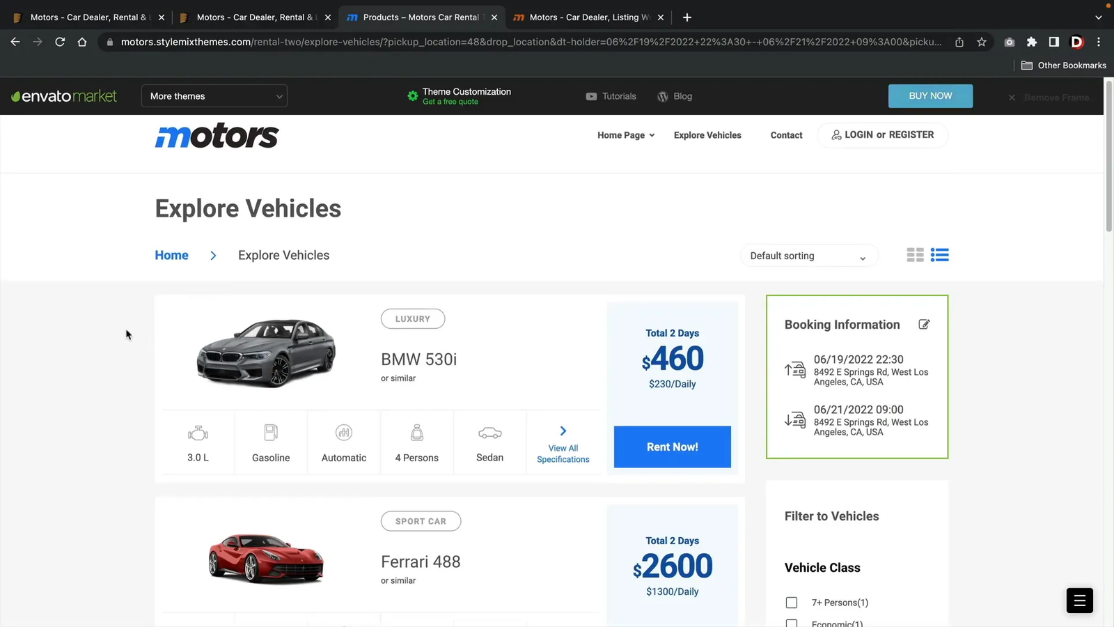 Motors theme car rental listings and booking interface