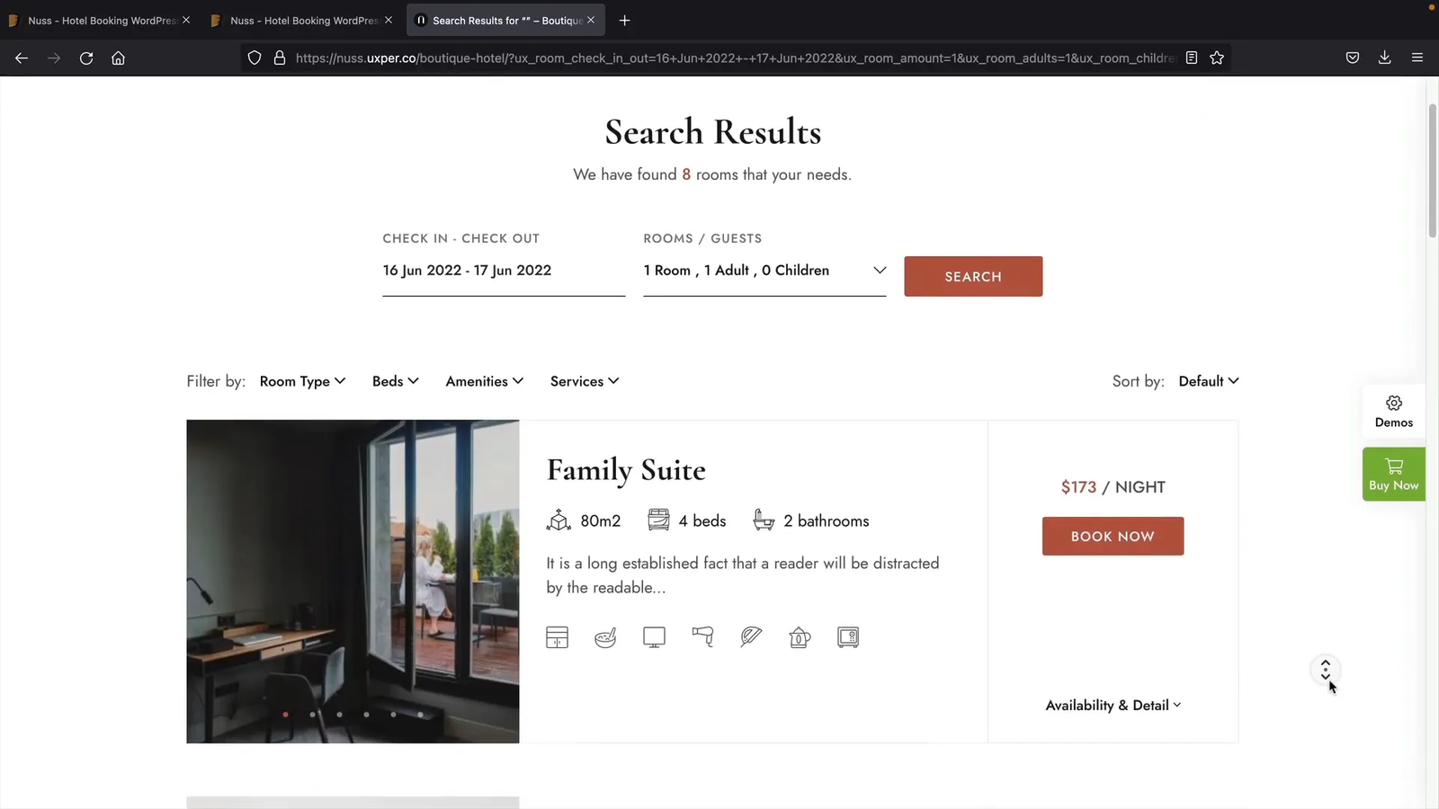 Nuss theme hotel listing and booking interface