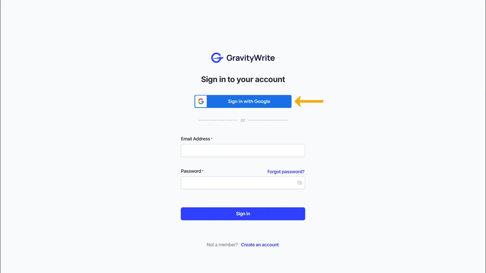 GravityWrite connection screen with Google sign-in