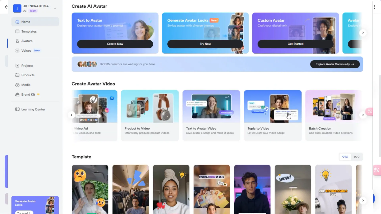 JoggAI dashboard showing multiple video creation options