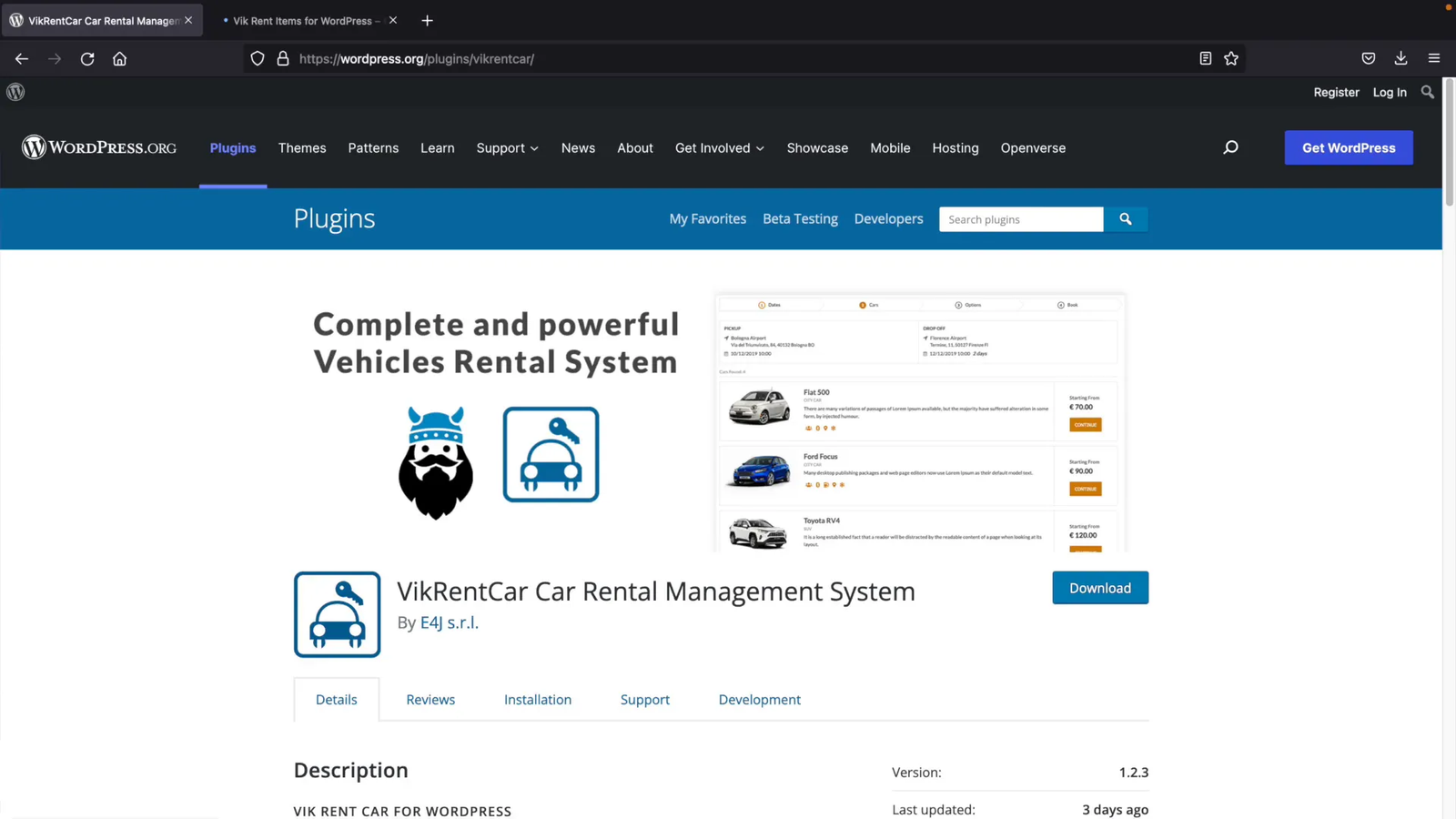 VikRental plugin car rental booking form with pickup and drop-off locations