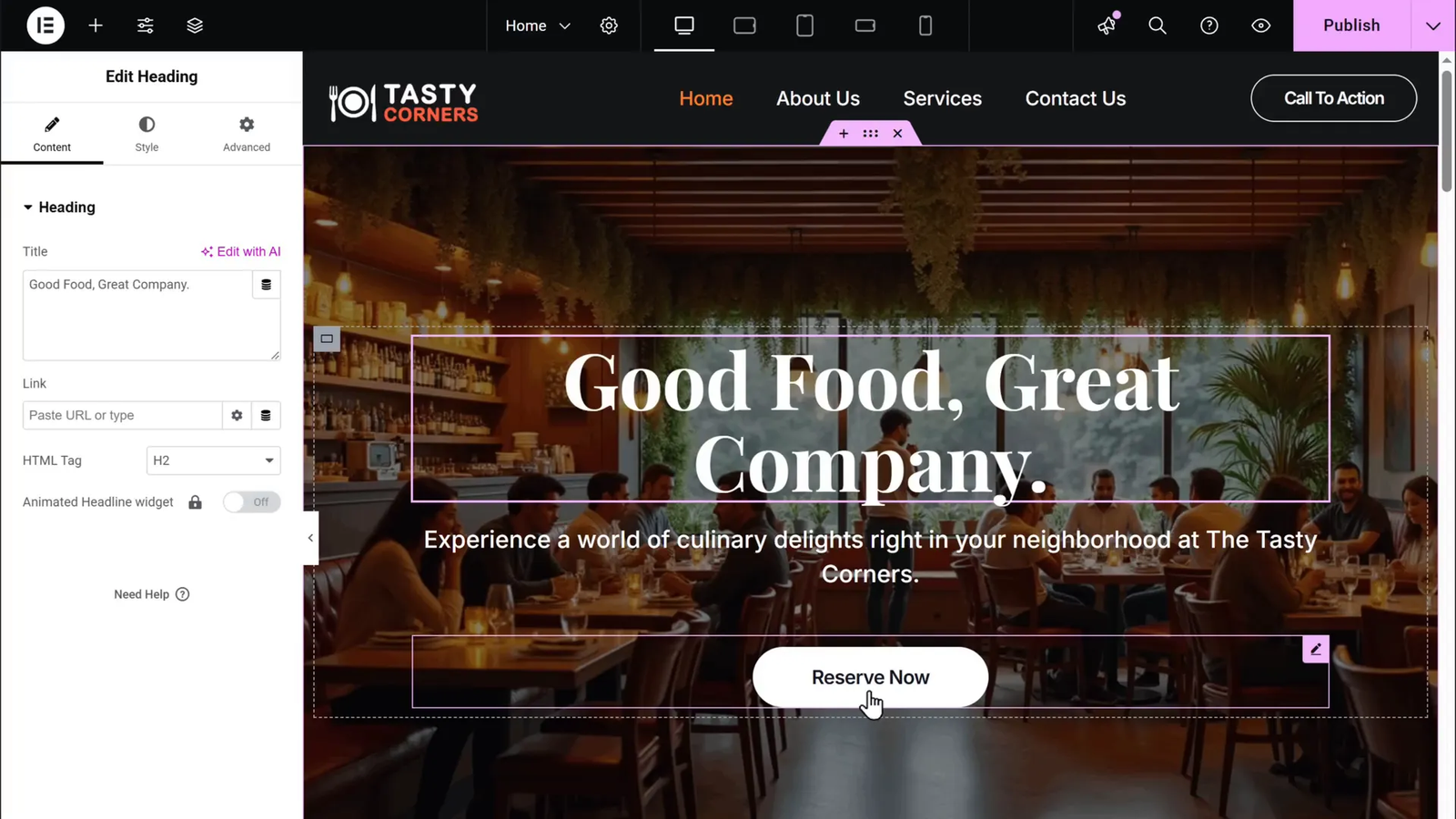 Editing website page with Elementor page builder