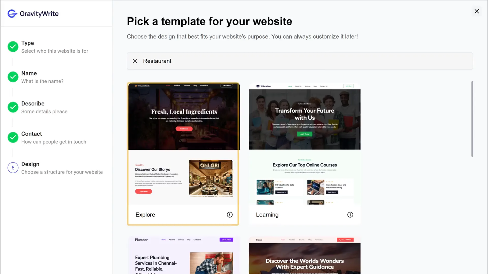Selection of website templates in GravityWrite