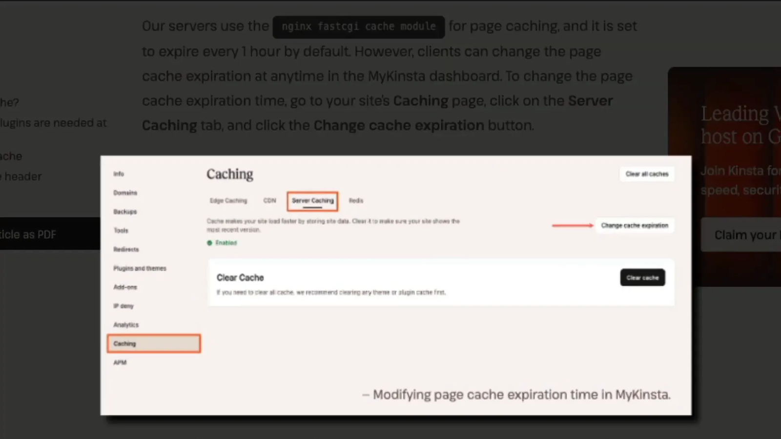 MyKinsta dashboard showing caching controls