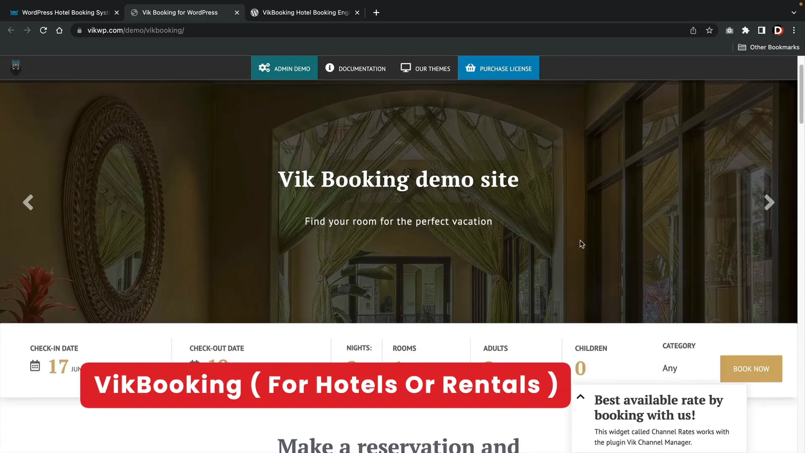 VikBooking hotel booking interface showing check-in and check-out selection