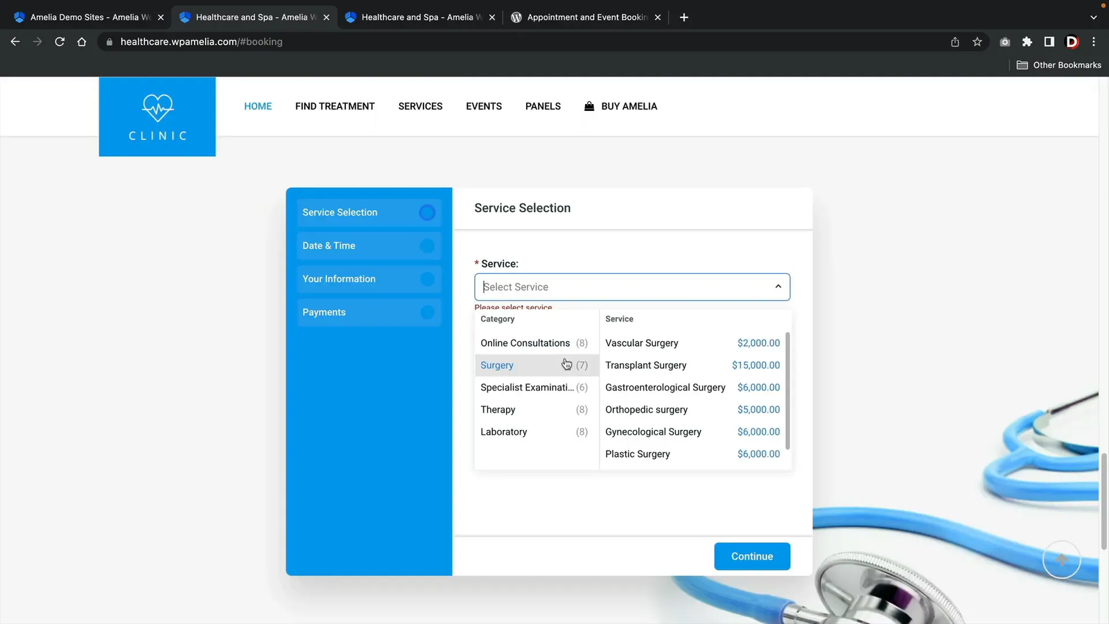 Amelia booking form showing service, employee, and date selection