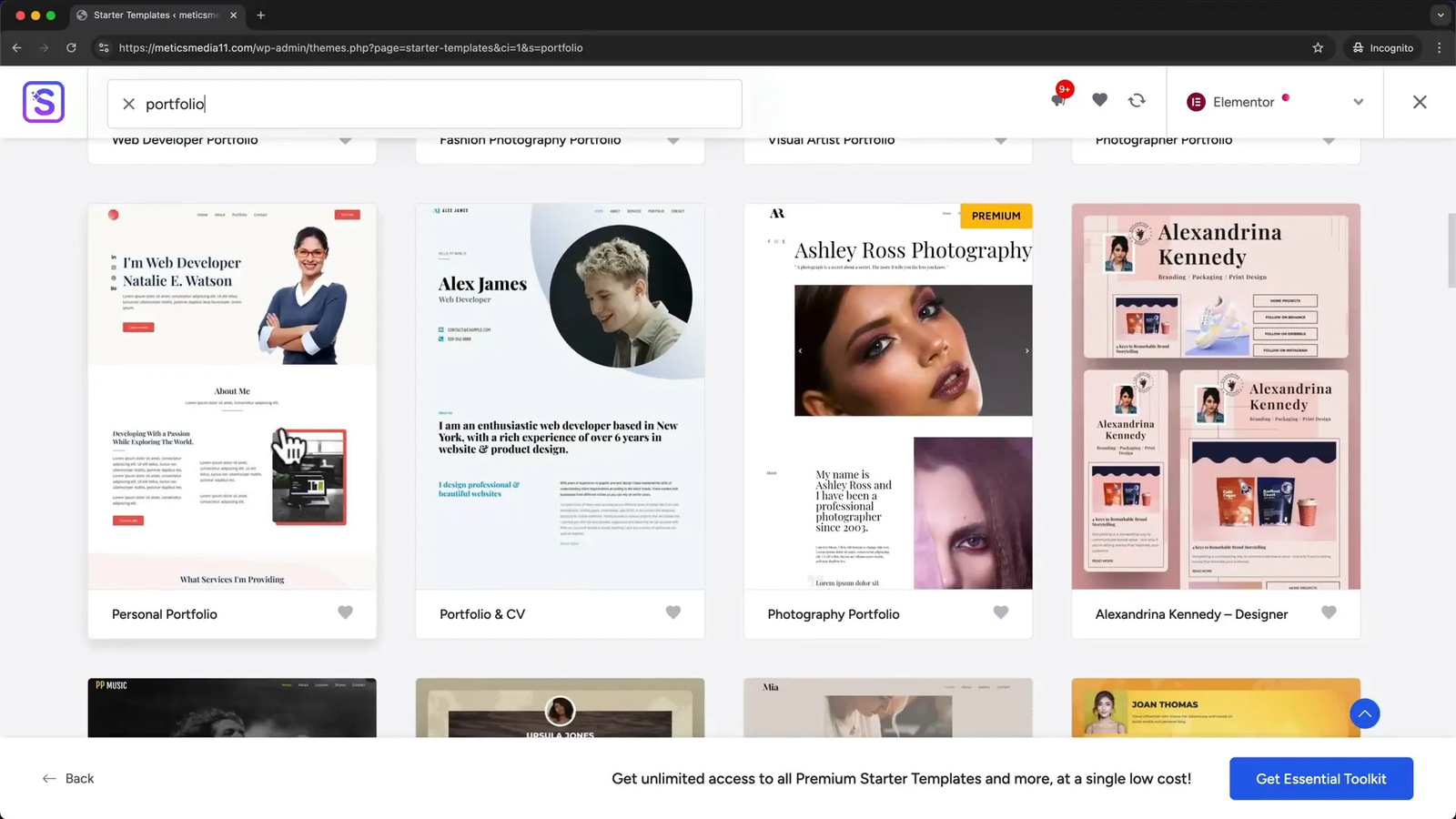 Selecting a portfolio website template with Starter Templates