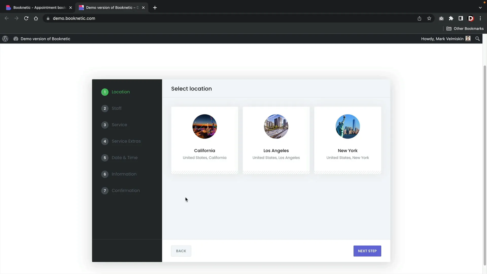 Booknetic booking interface showing location, staff, and service selection
