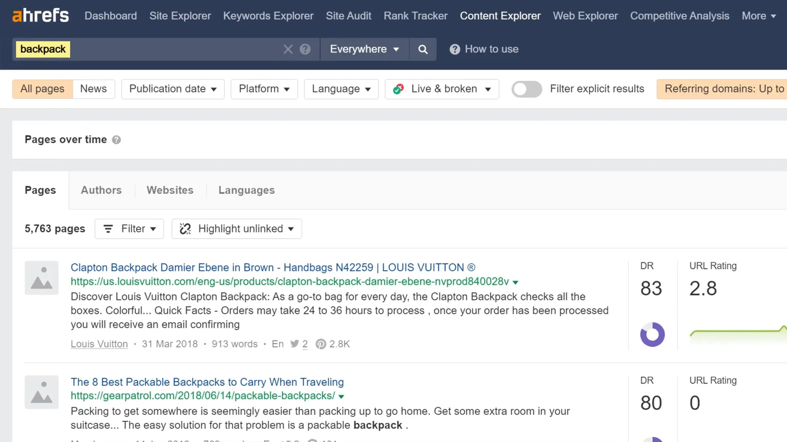 Content Explorer results filtered for low competition, high traffic topics