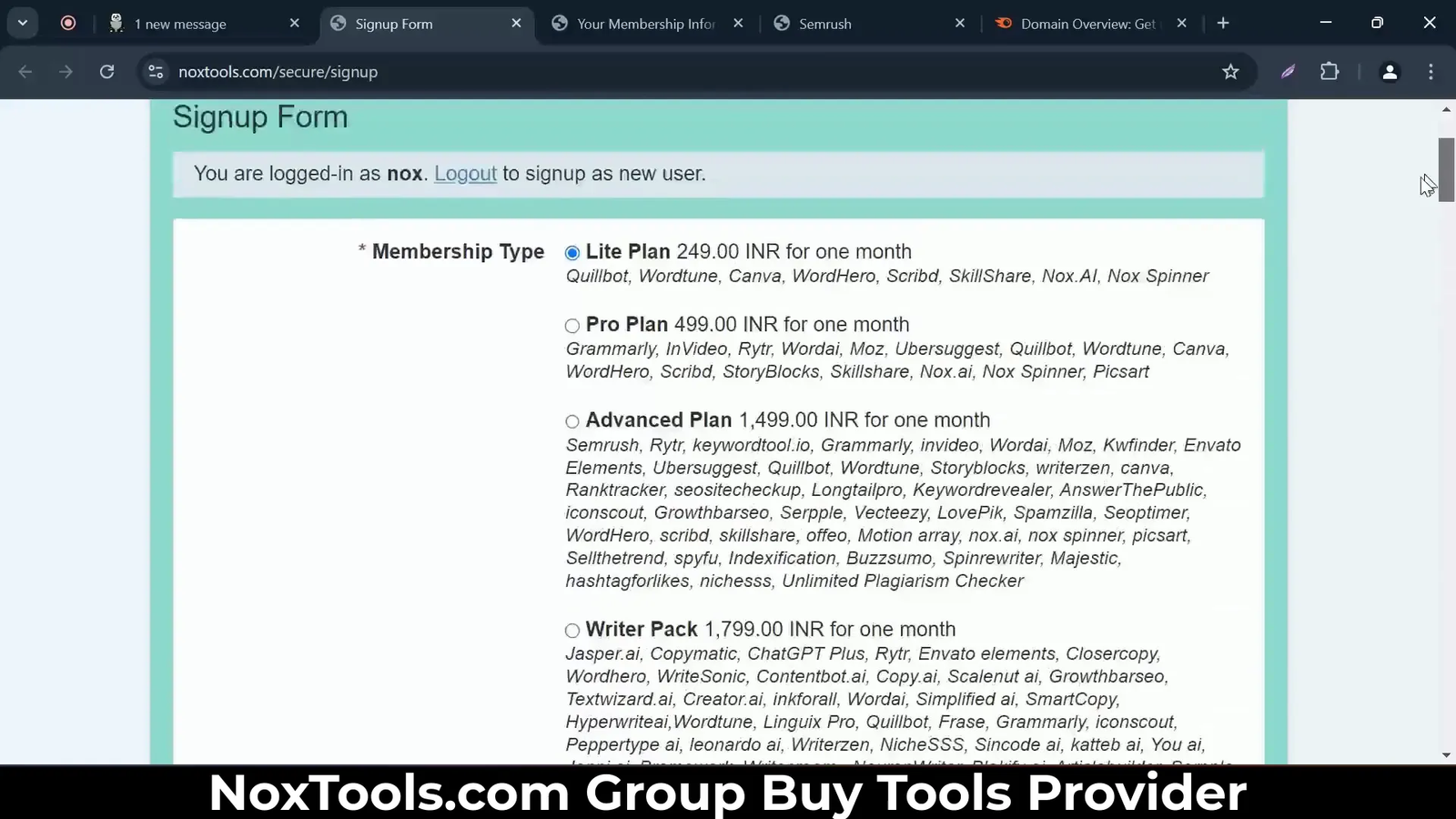 NoxTools showing major plans and keyword tools available