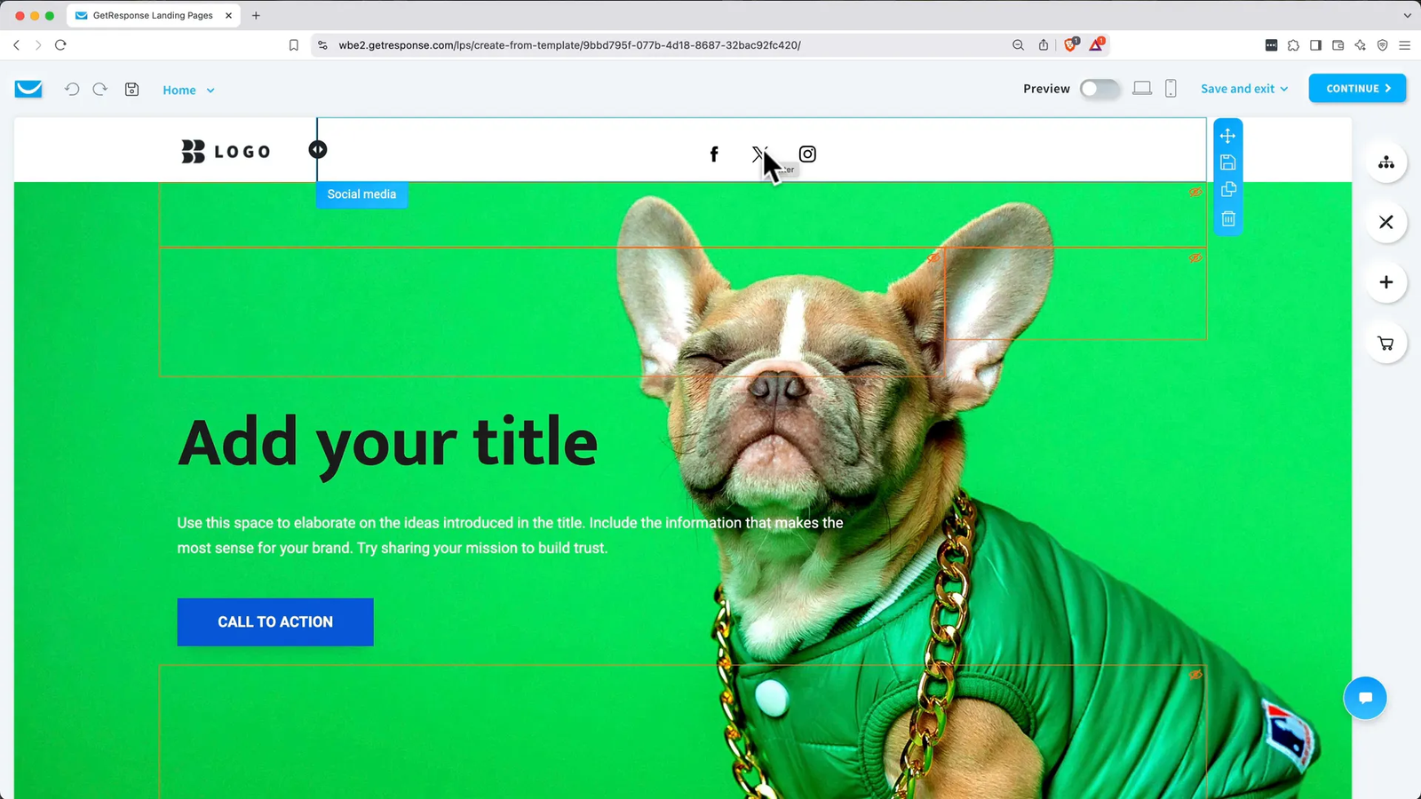 Editing landing page in GetResponse with drag-and-drop editor
