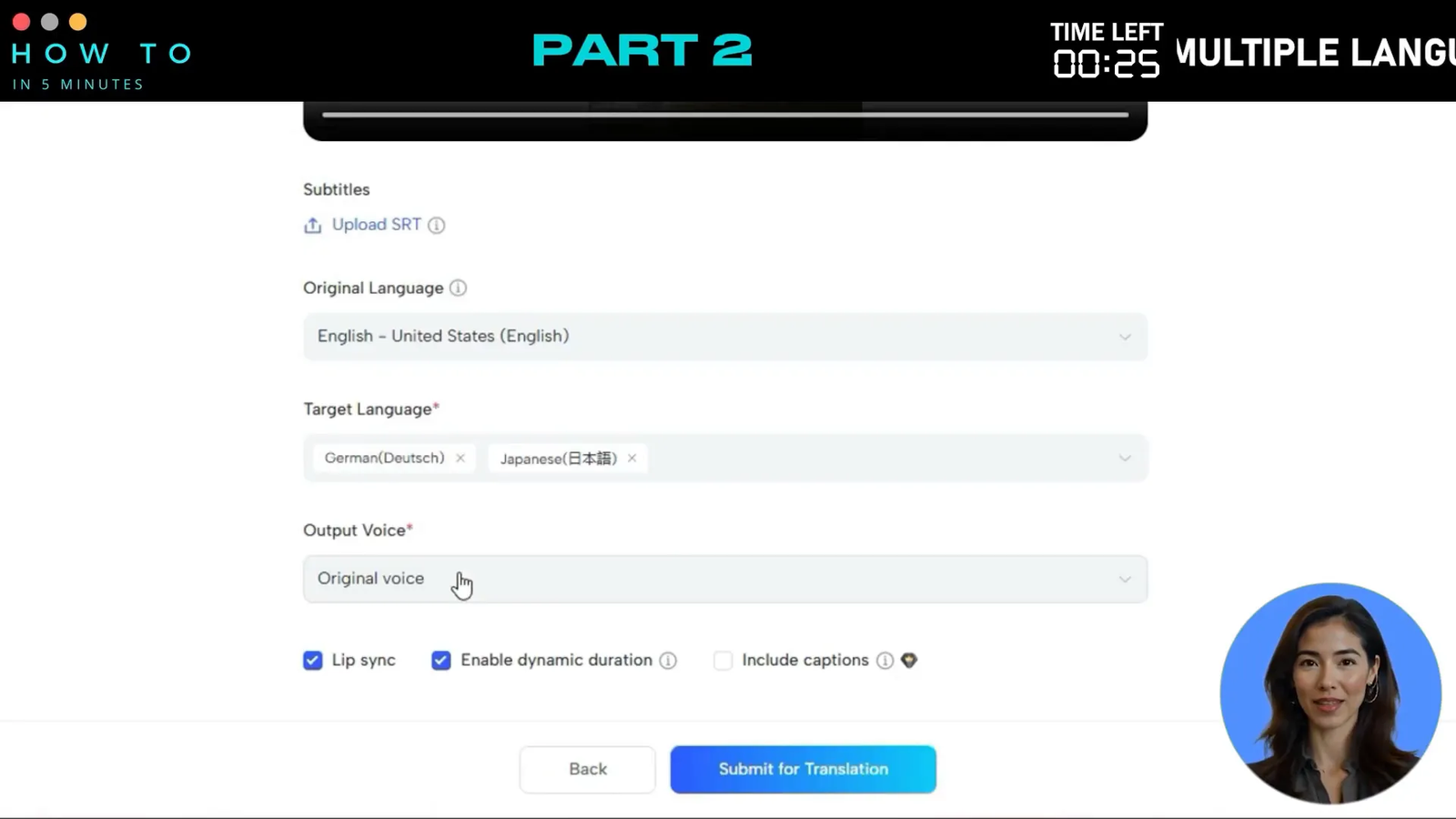 JoggAI video translation settings interface