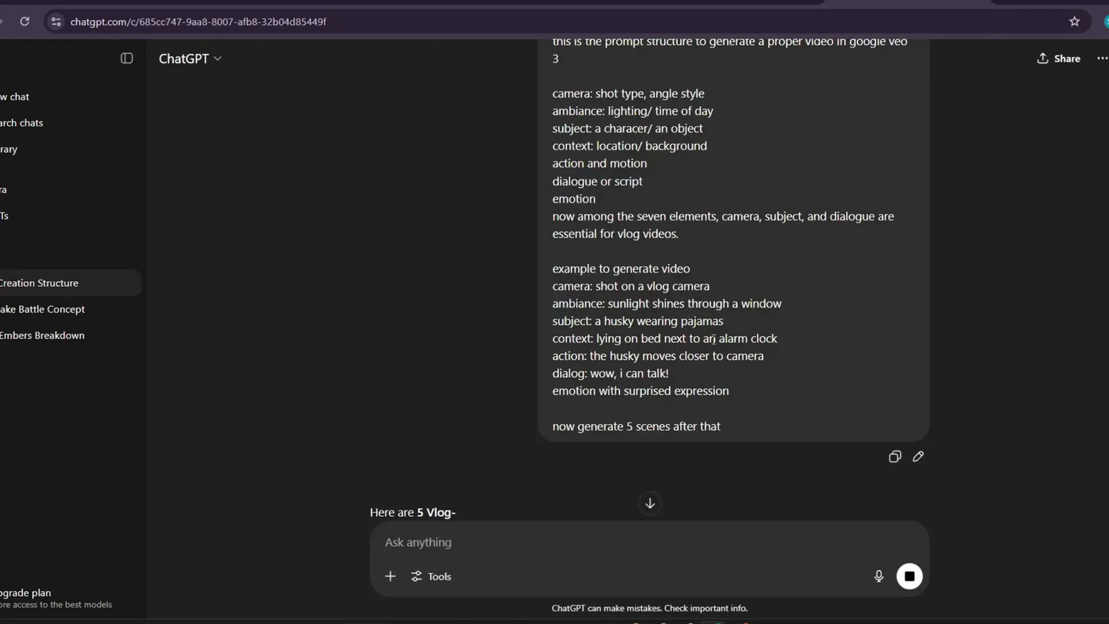 Example of text prompt input for AI video generation