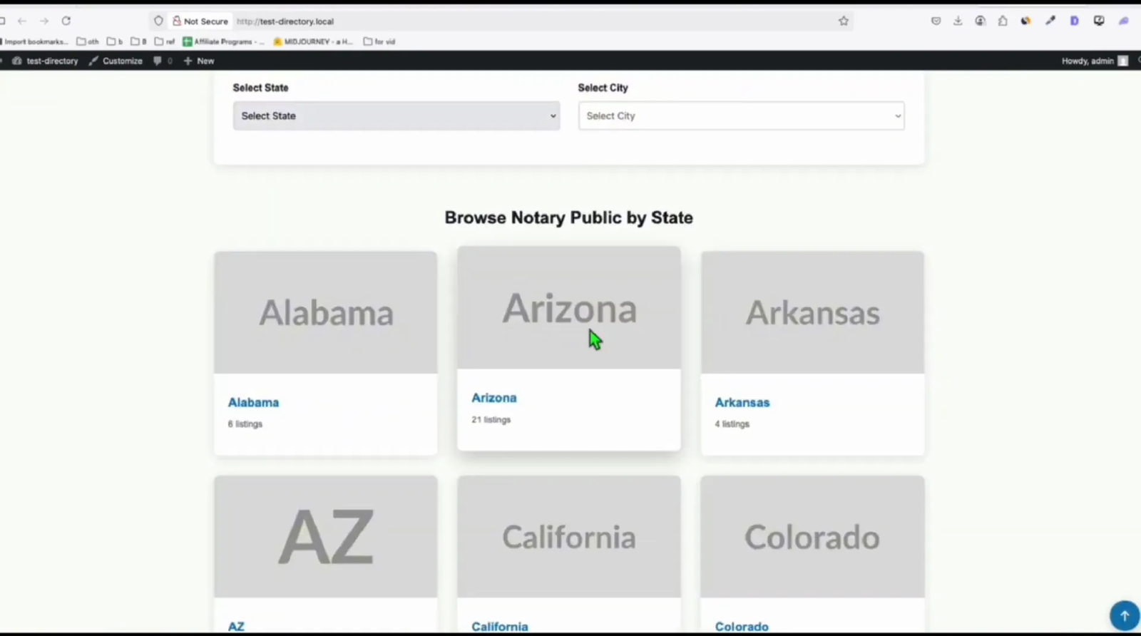Directory homepage showing list of states and notary public listings