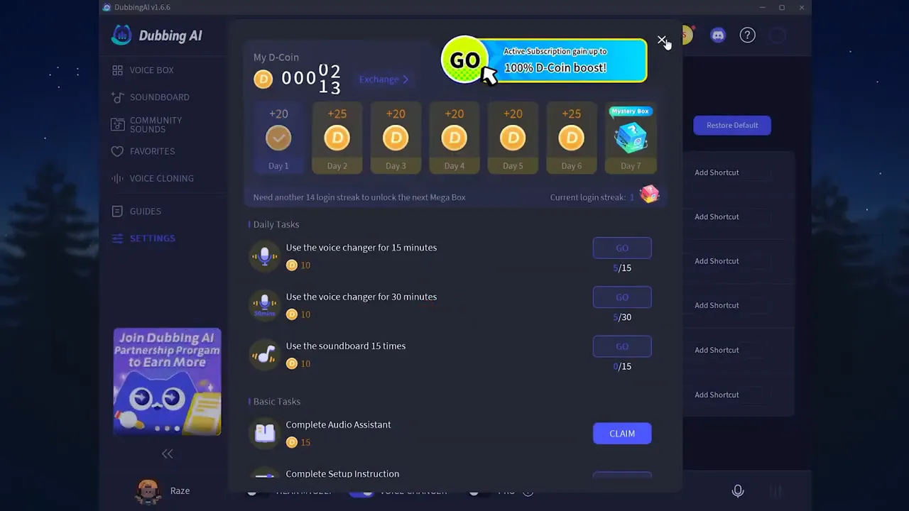 Dubbing AI daily rewards and upgrade button