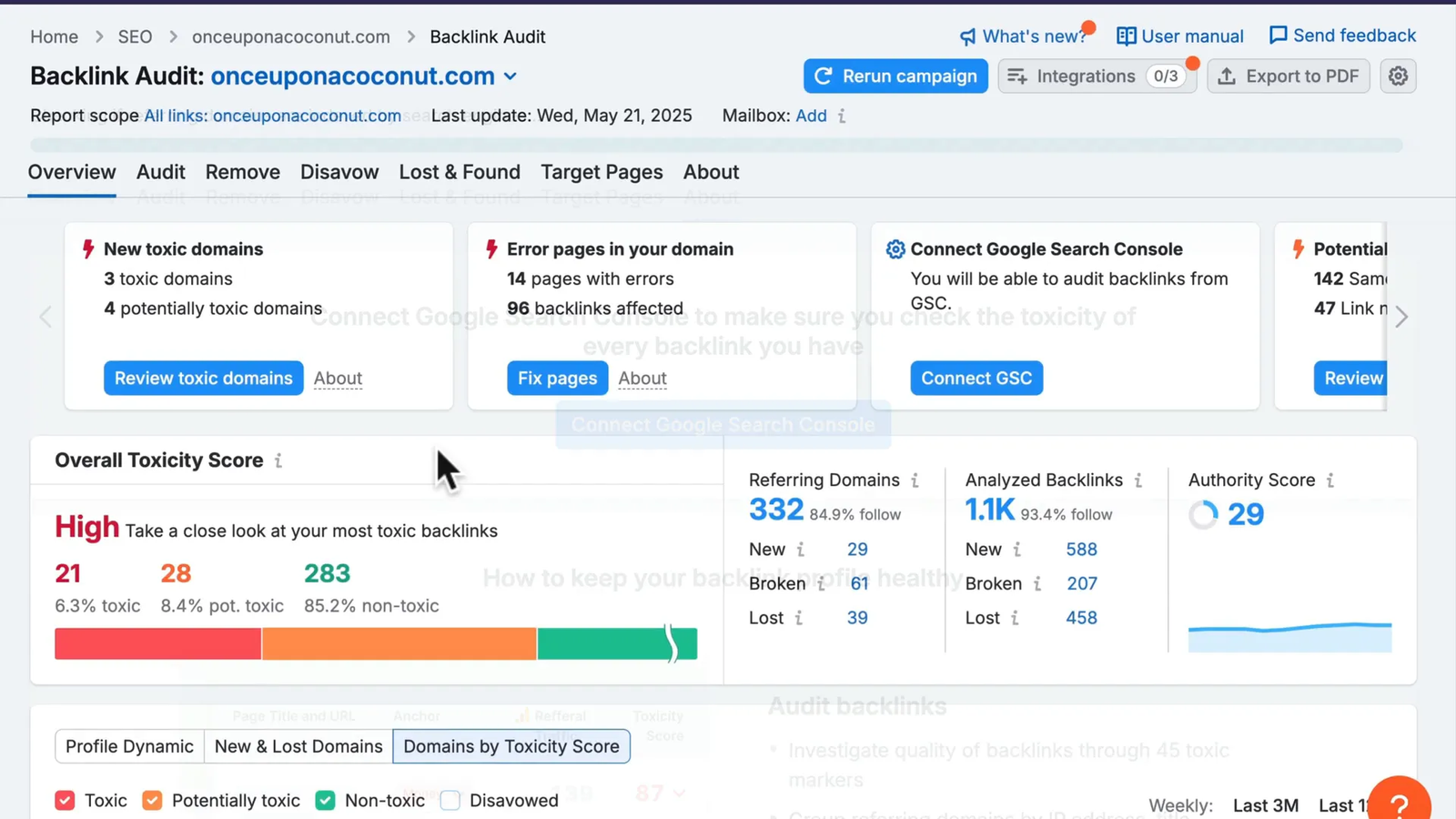Semrush backlink audit showing toxic backlinks