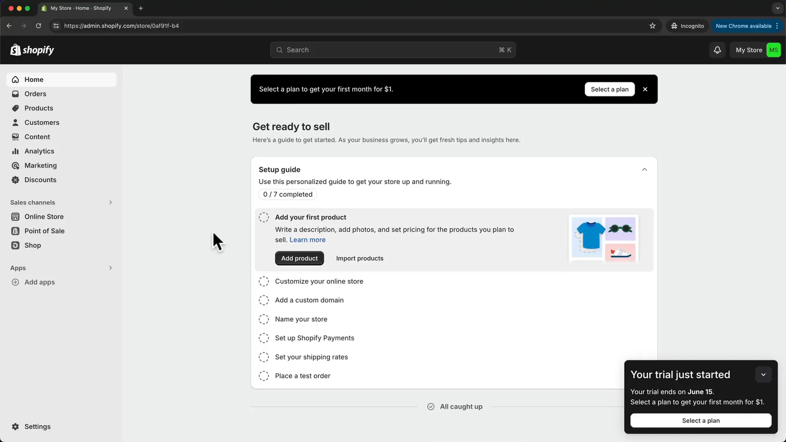 Shopify dashboard after account creation