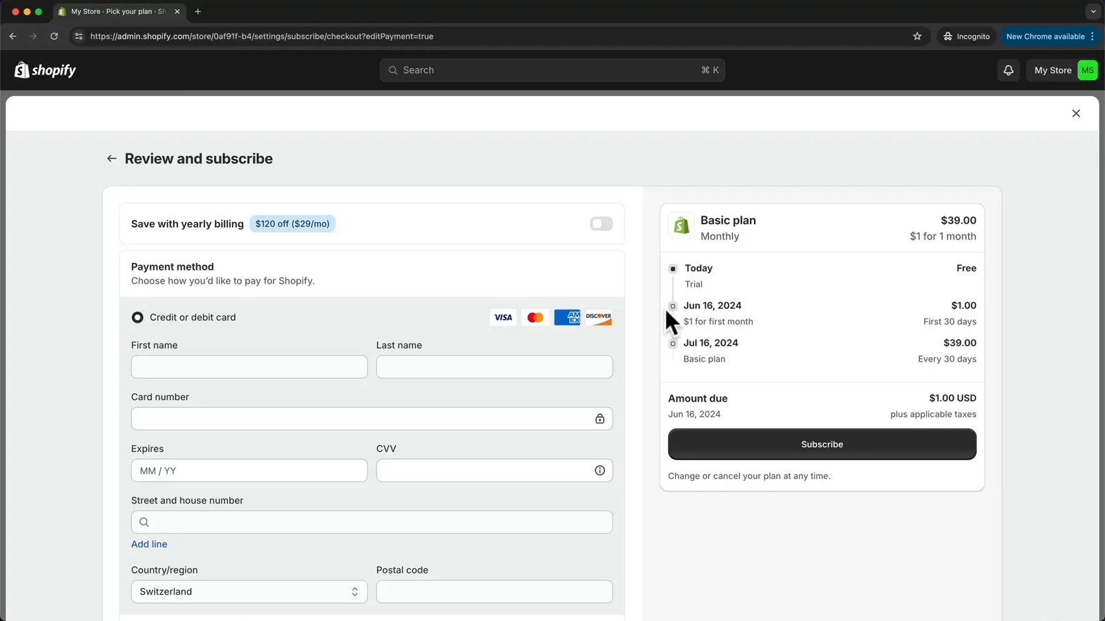Selecting Shopify plan and payment method