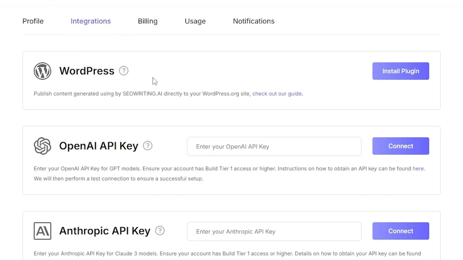 WordPress integration setup screen in SEO Writing AI