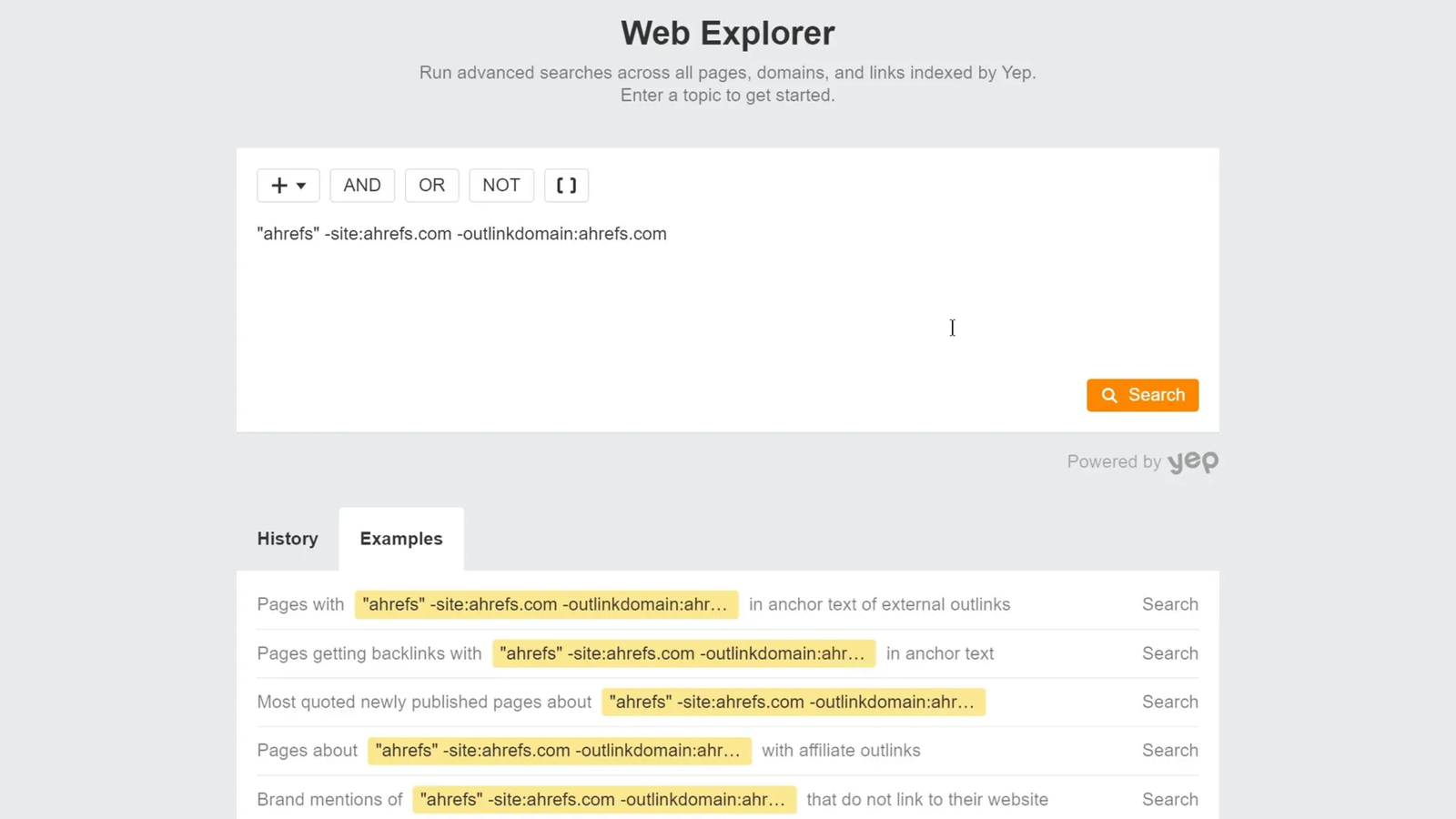 Web Explorer search for unlinked brand mentions