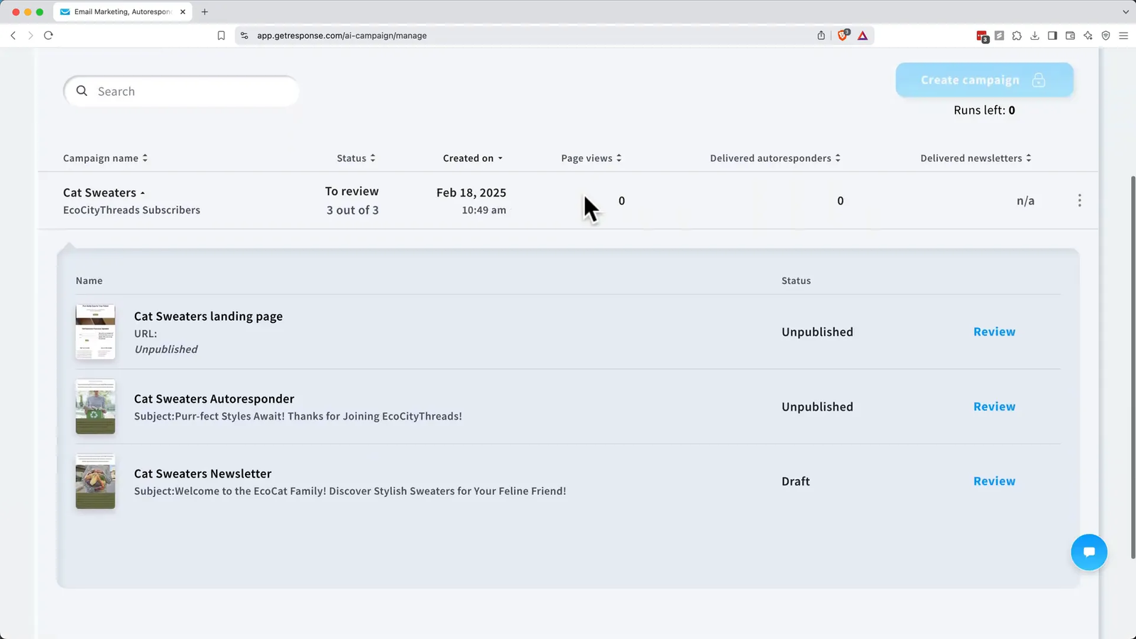 GetResponse AI campaign wizard generating marketing assets