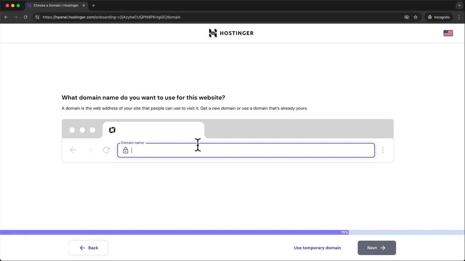 Temporary domain selection screen in Hostinger