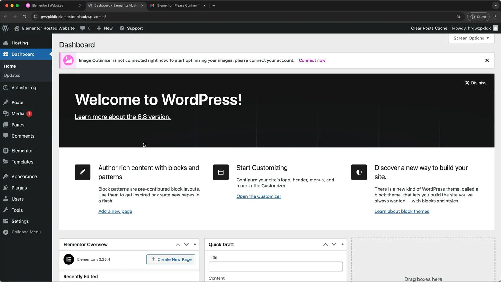 WordPress dashboard after installation via Elementor hosting