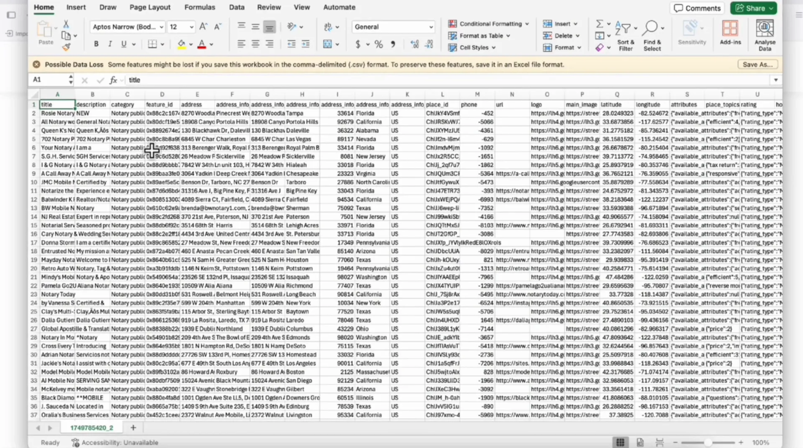 CSV file download of scraped business listings from Jira Scraper