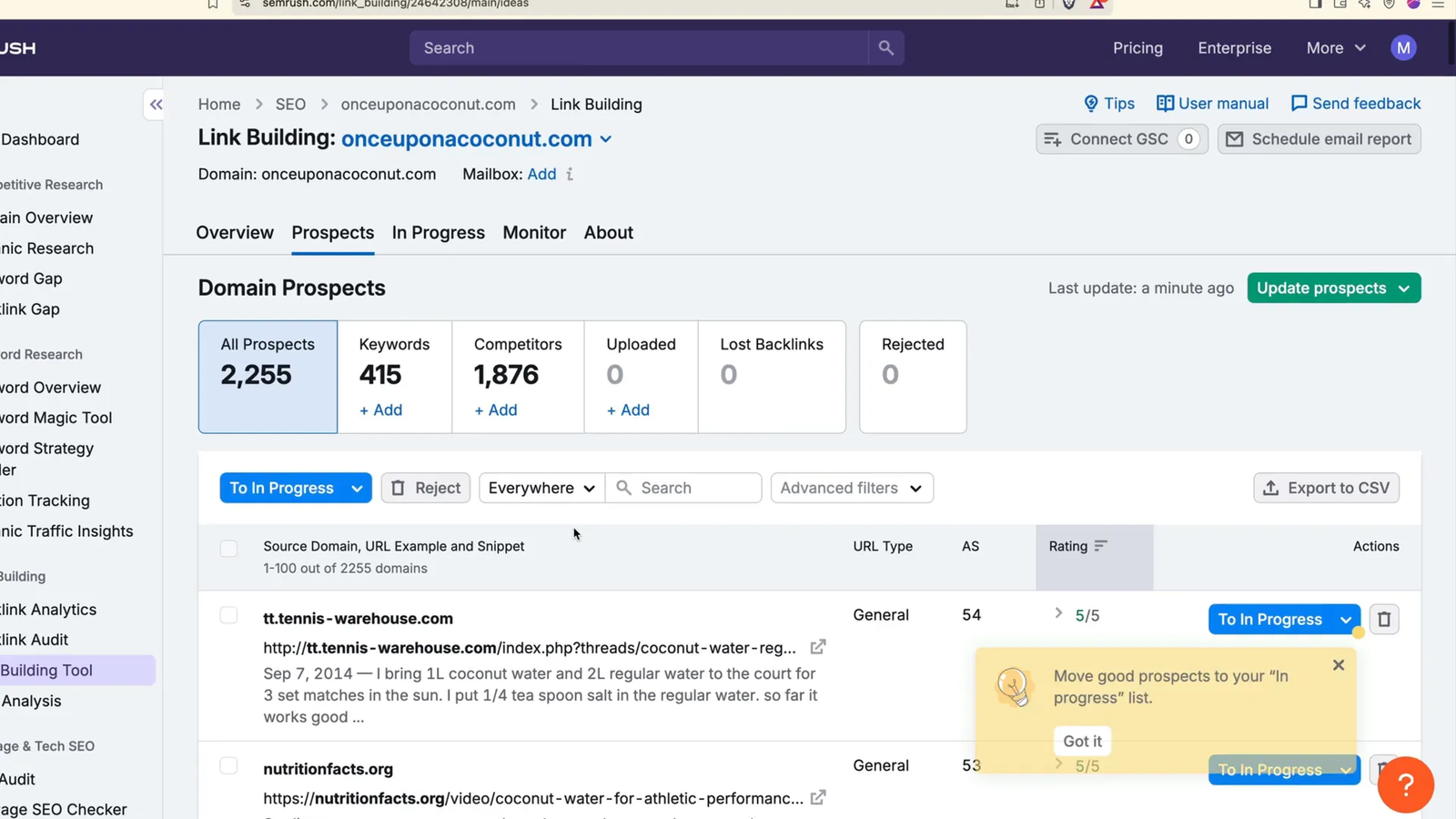 Semrush link building tool showing domain prospects