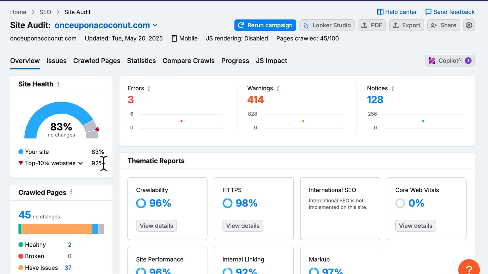Semrush site audit dashboard showing site health and issues