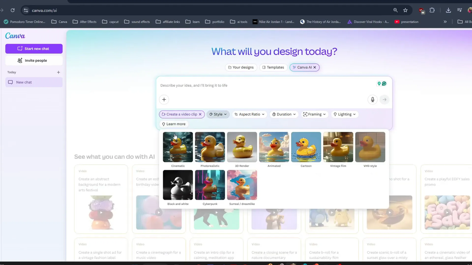 Style selection menu in Canva for AI video generation
