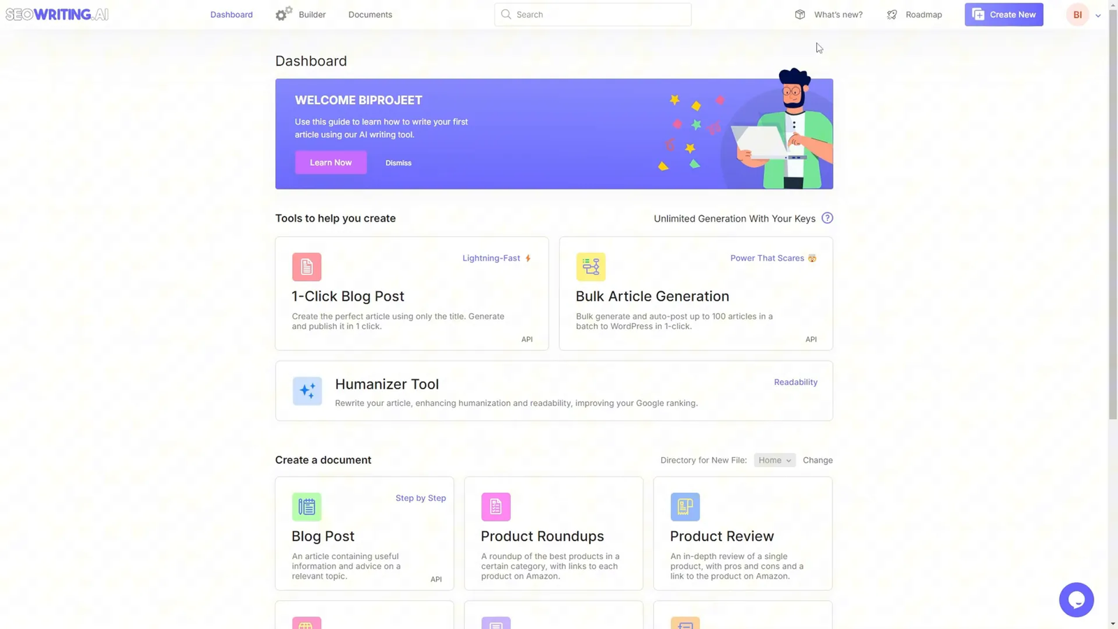 SEO Writing AI homepage and one-click blog post generation