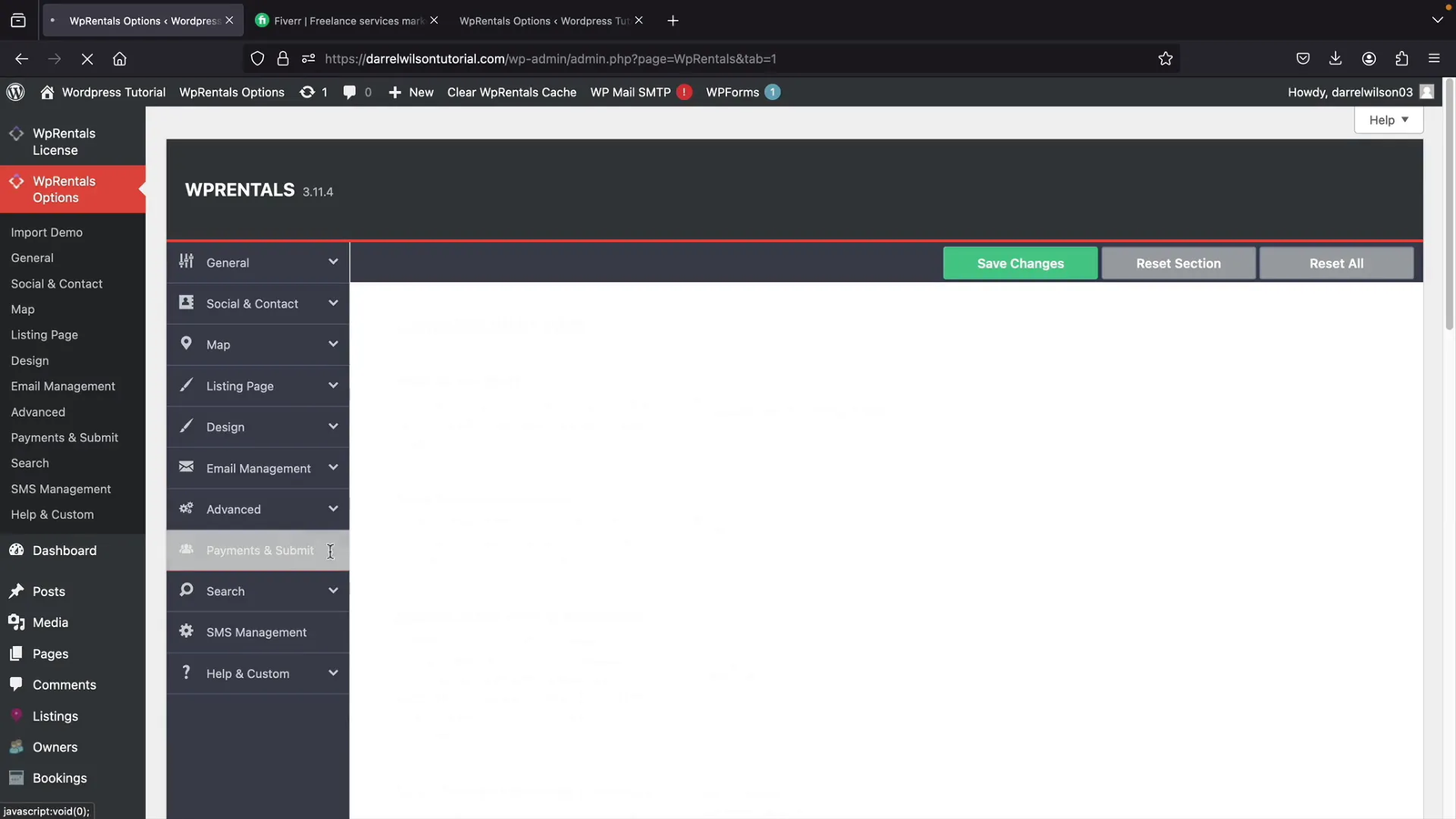 WP Rentals theme options dashboard