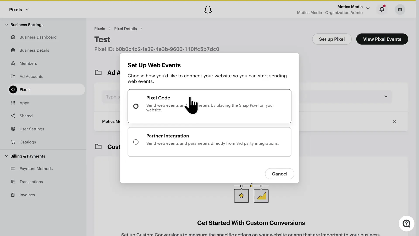 Snap Pixel setup interface showing Pixel Code and Partner Integration options