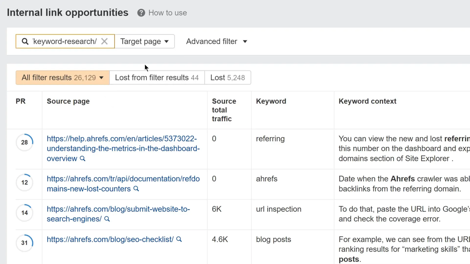 Internal link opportunities report showing source and target pages