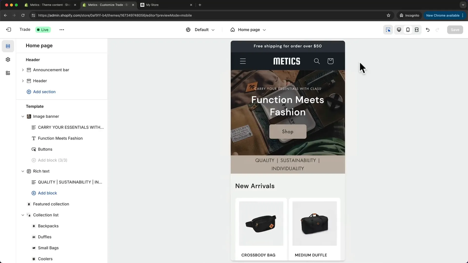 Previewing Shopify store in mobile view