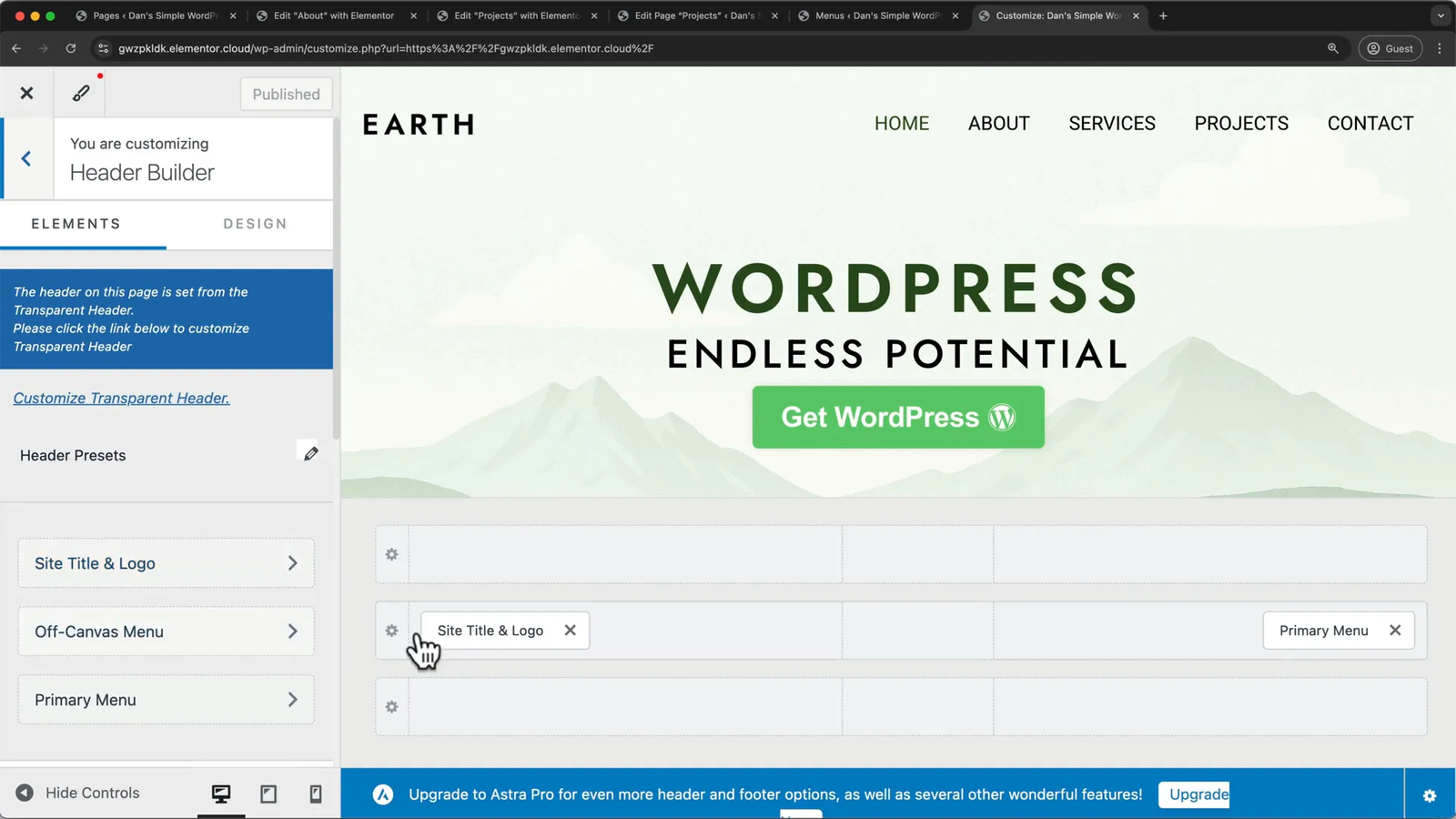 Elementor header builder with logo and menu color customization